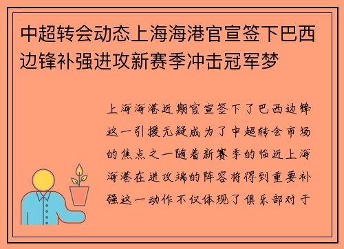 中超转会动态上海海港官宣签下巴西边锋补强进攻新赛季冲击冠军梦